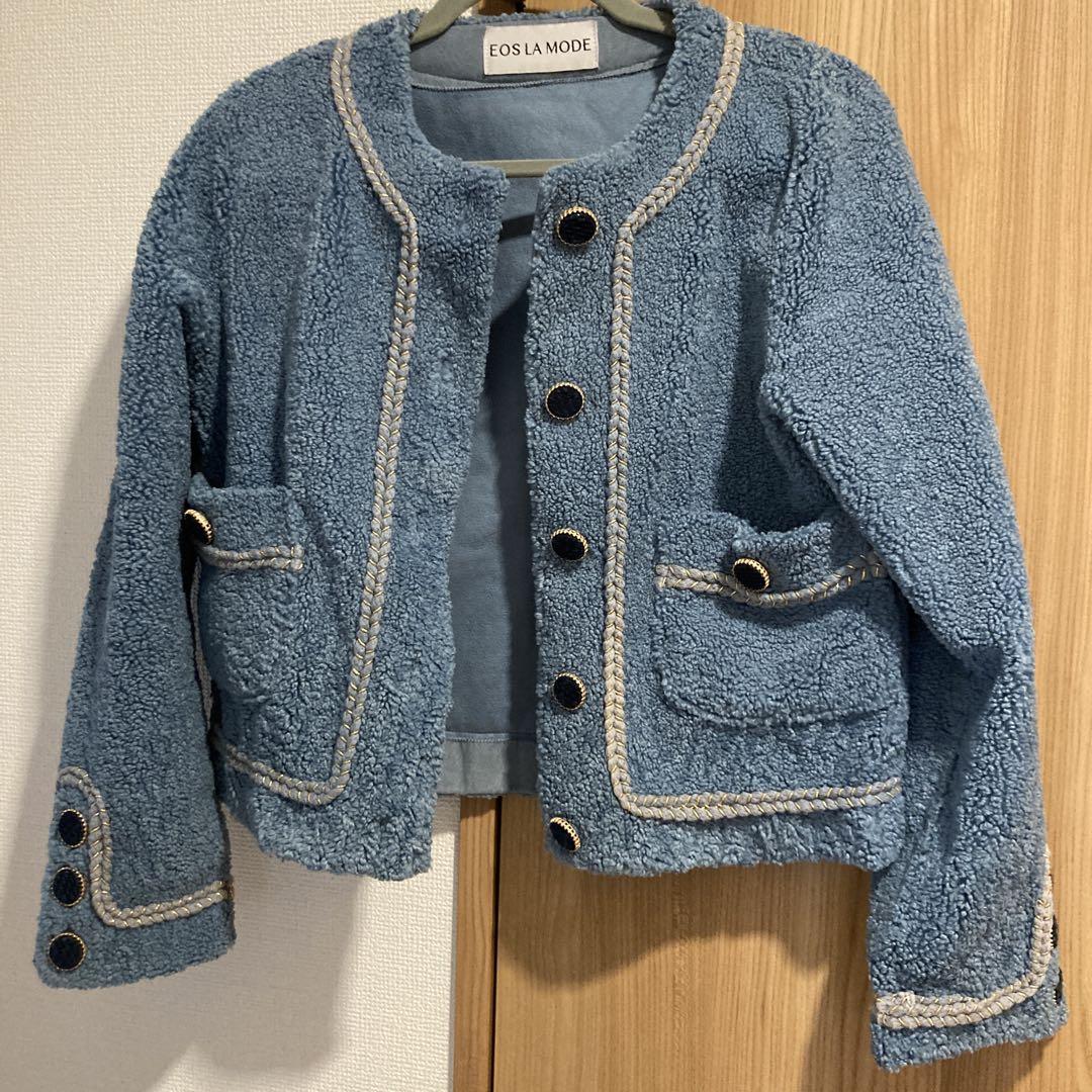ノーカラー ボアジャケット 青