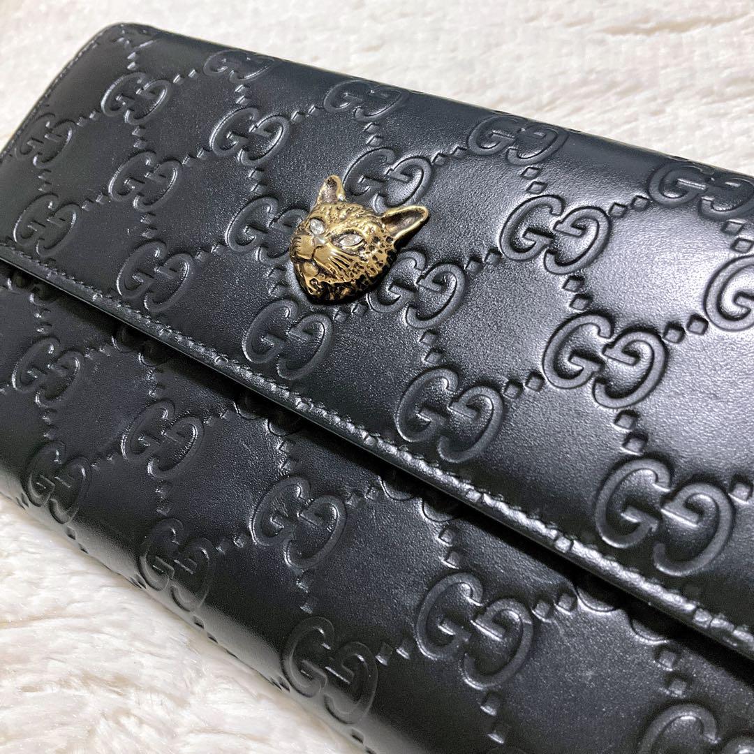 ✨極美品　日本限定カラー✨GUCCI 二つ折り　キャット　リネア　小銭入れ ♡極美品♡GUCCI グッチ 長財布 シマ リネアキャット 黒 GG柄 二