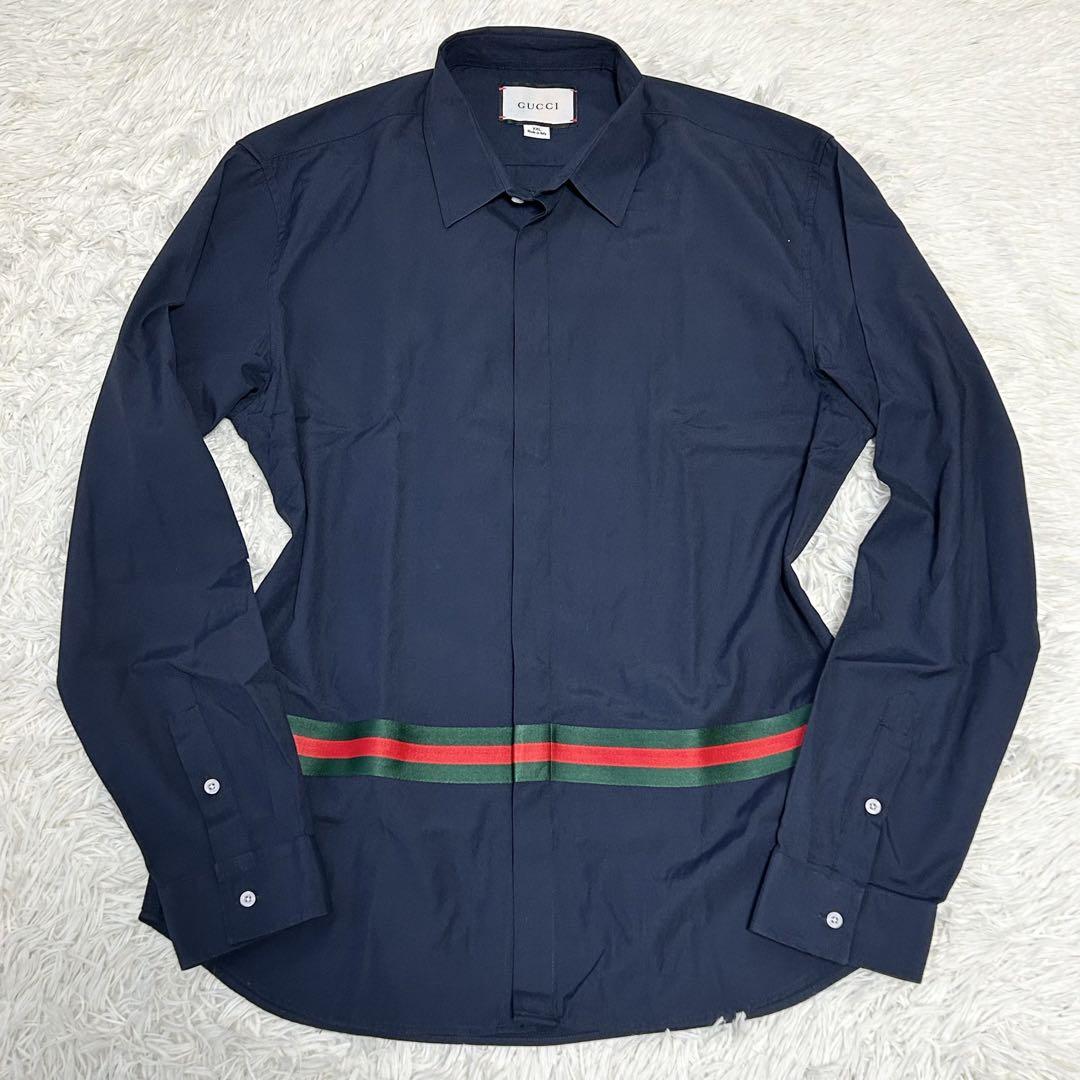特大サイズ XXL✨グッチ 長袖 シャツ シェリーライン コットン ネイビー 画像2