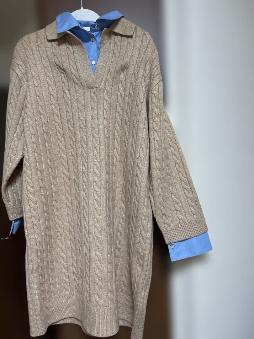 キャメル ニットワンピース 長袖 ポロ襟M JUSGLITTY