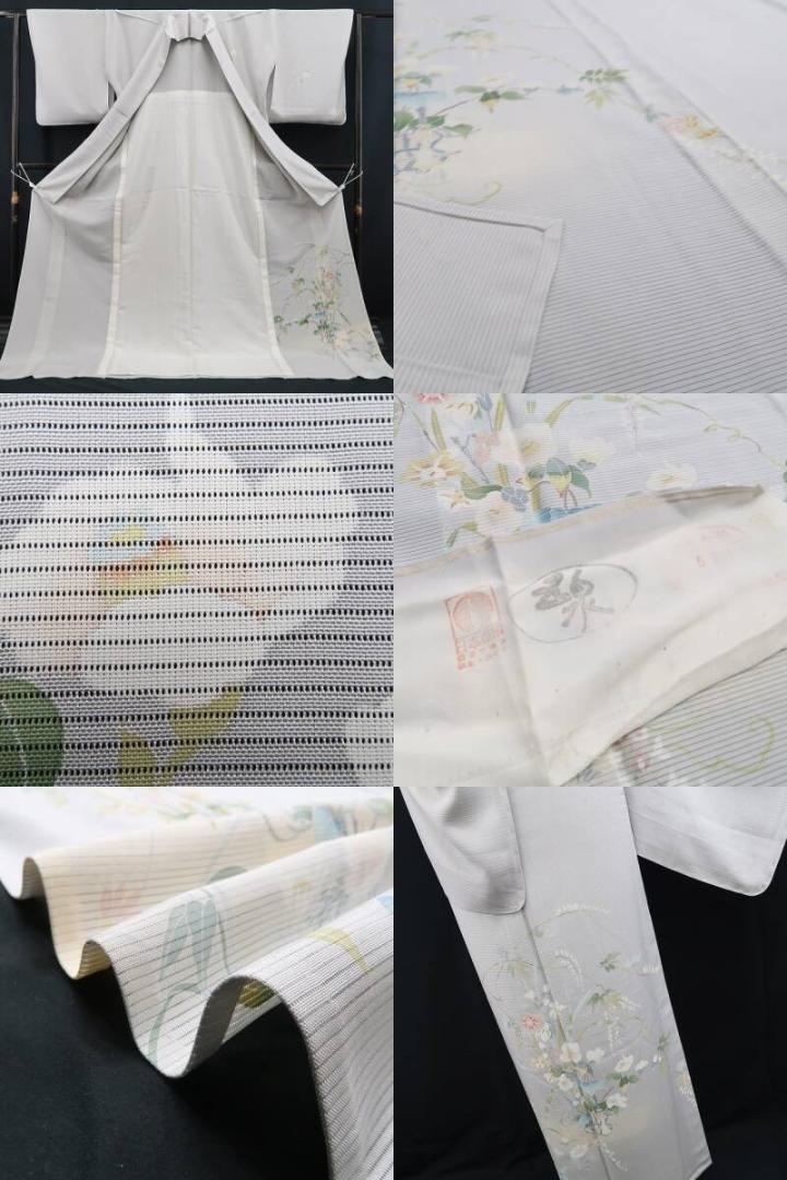 新品 絽 五泉 手描き友禅 花瓶 夏着物 正絹 仕付け糸付 訪問着 5814 新品 絽 五泉 手描き友禅 花瓶 夏着物 正絹 仕付け糸付 訪問着