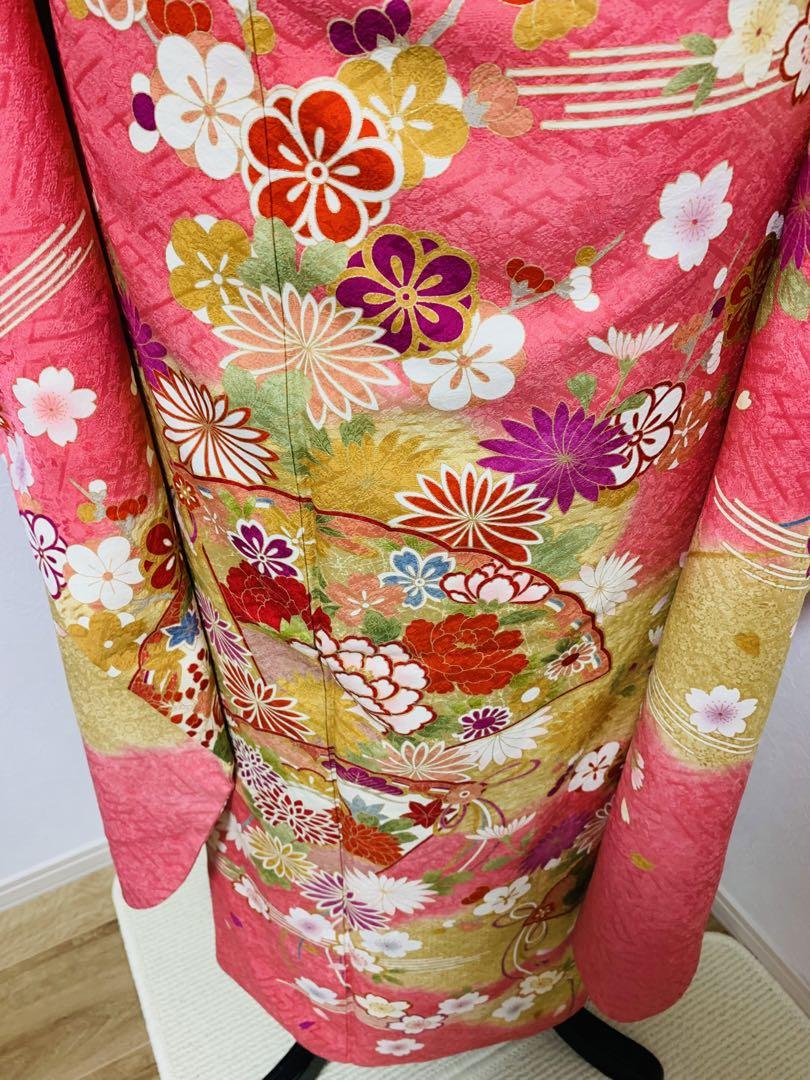 振袖フルセット檜扇 草花 金彩 ぼかし ピンク 正絹 美品