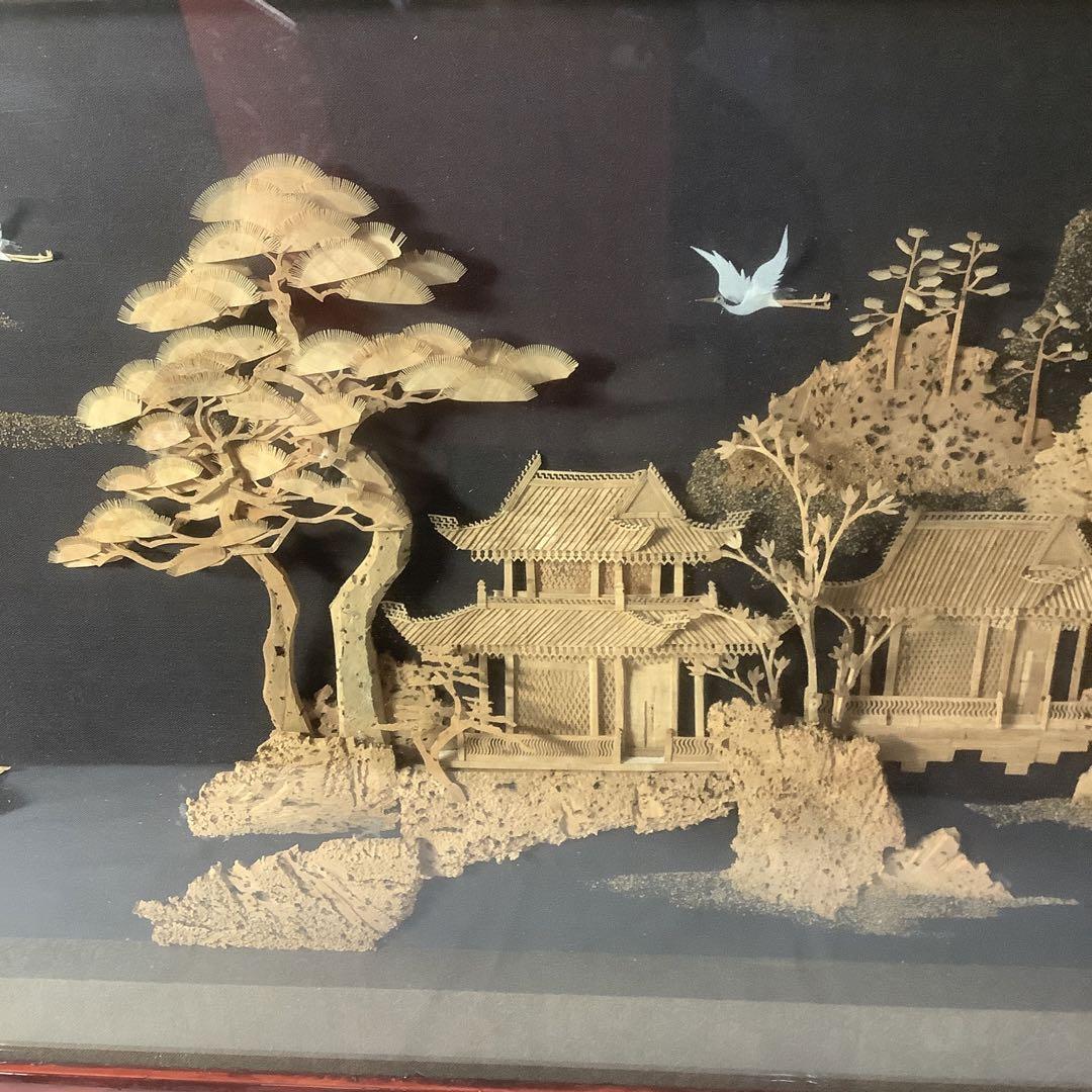 透かし彫り　中国　神社　仏閣　画木製　鶴 細密彫刻　立体　風景アート　フレーム