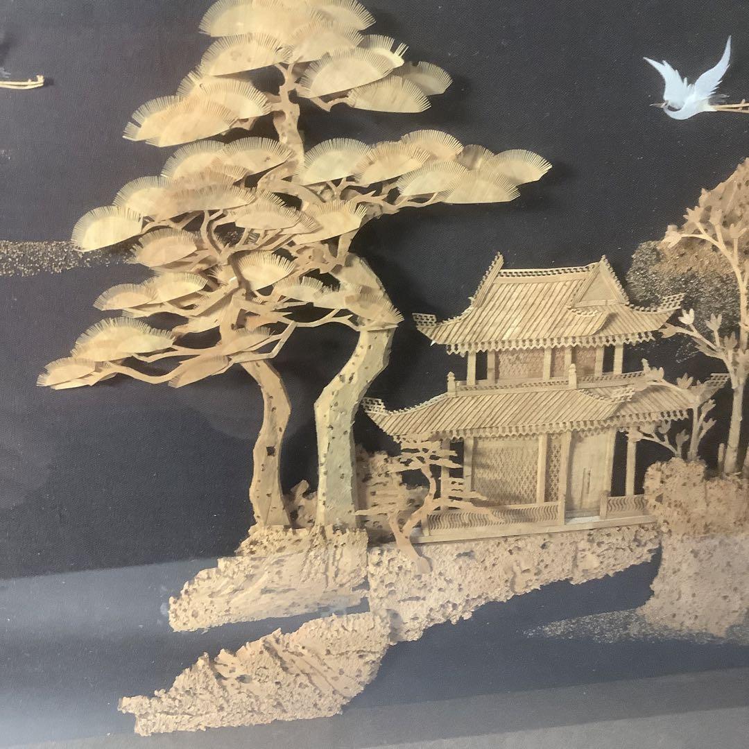 透かし彫り　中国　神社　仏閣　画木製　鶴 細密彫刻　立体　風景アート　フレーム