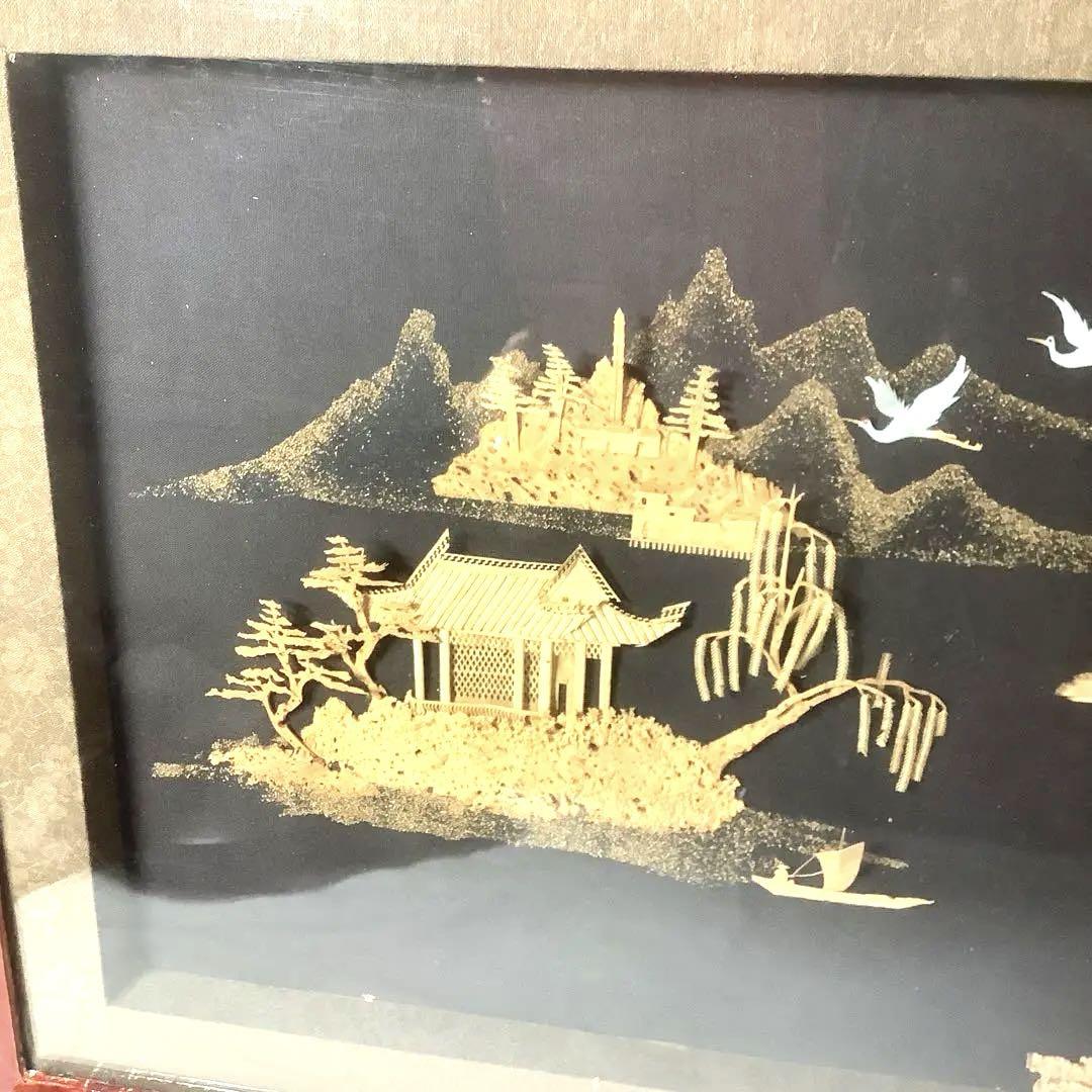 透かし彫り　中国　神社　仏閣　画木製　鶴 細密彫刻　立体　風景アート　フレーム