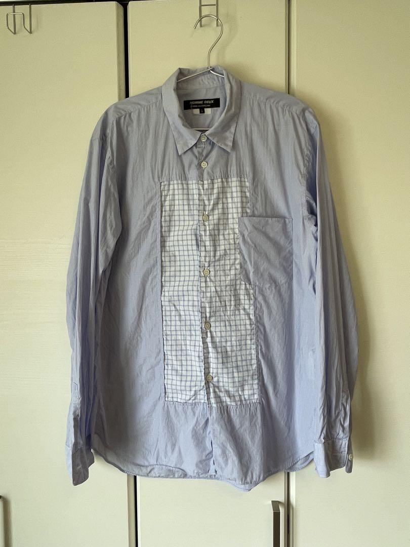 HOMME DEUX 長袖シャツ L ライトブルー　チェック柄＆ストライプ