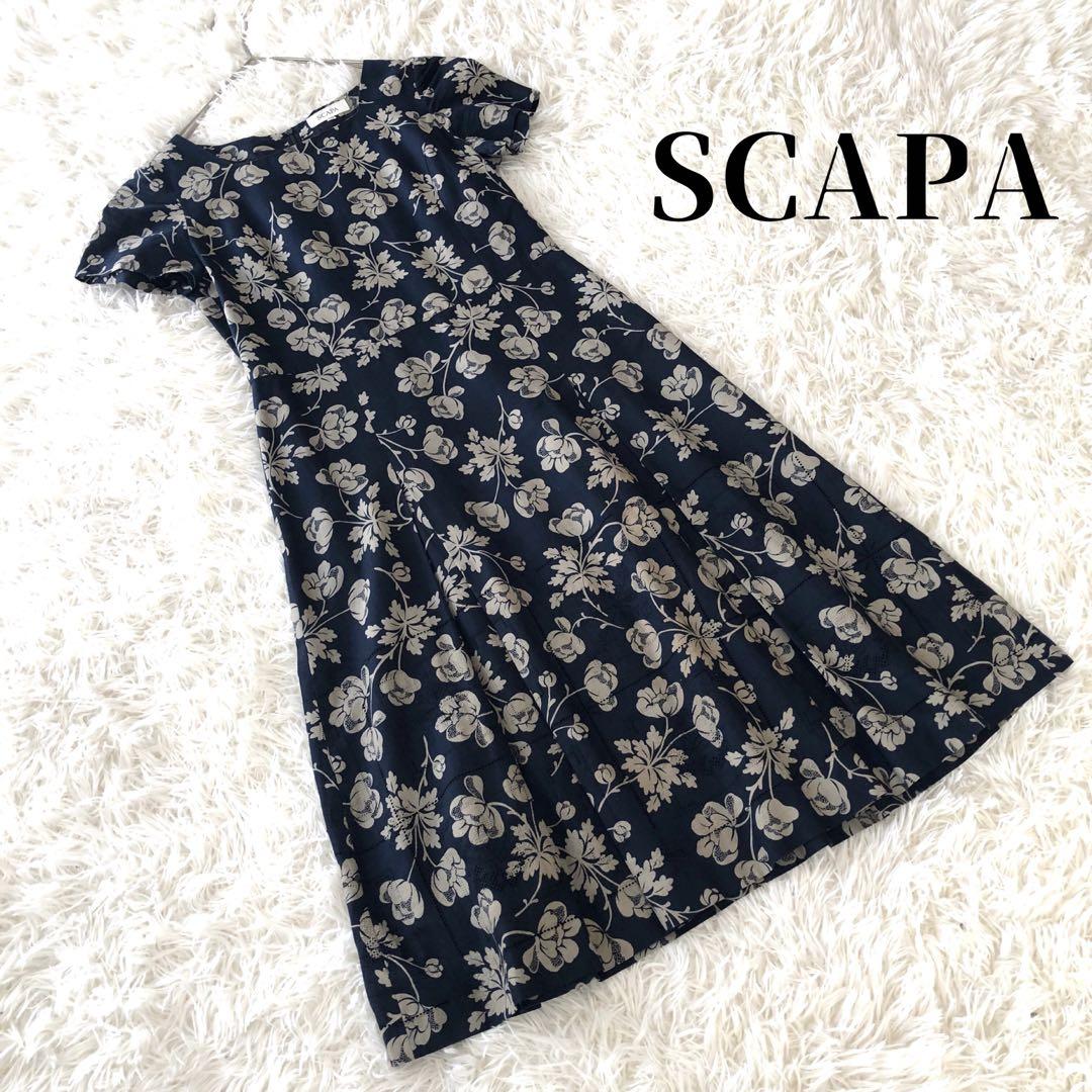 SCAPA スキャパ　花柄　ワンピース　カットワーク　ネイビー