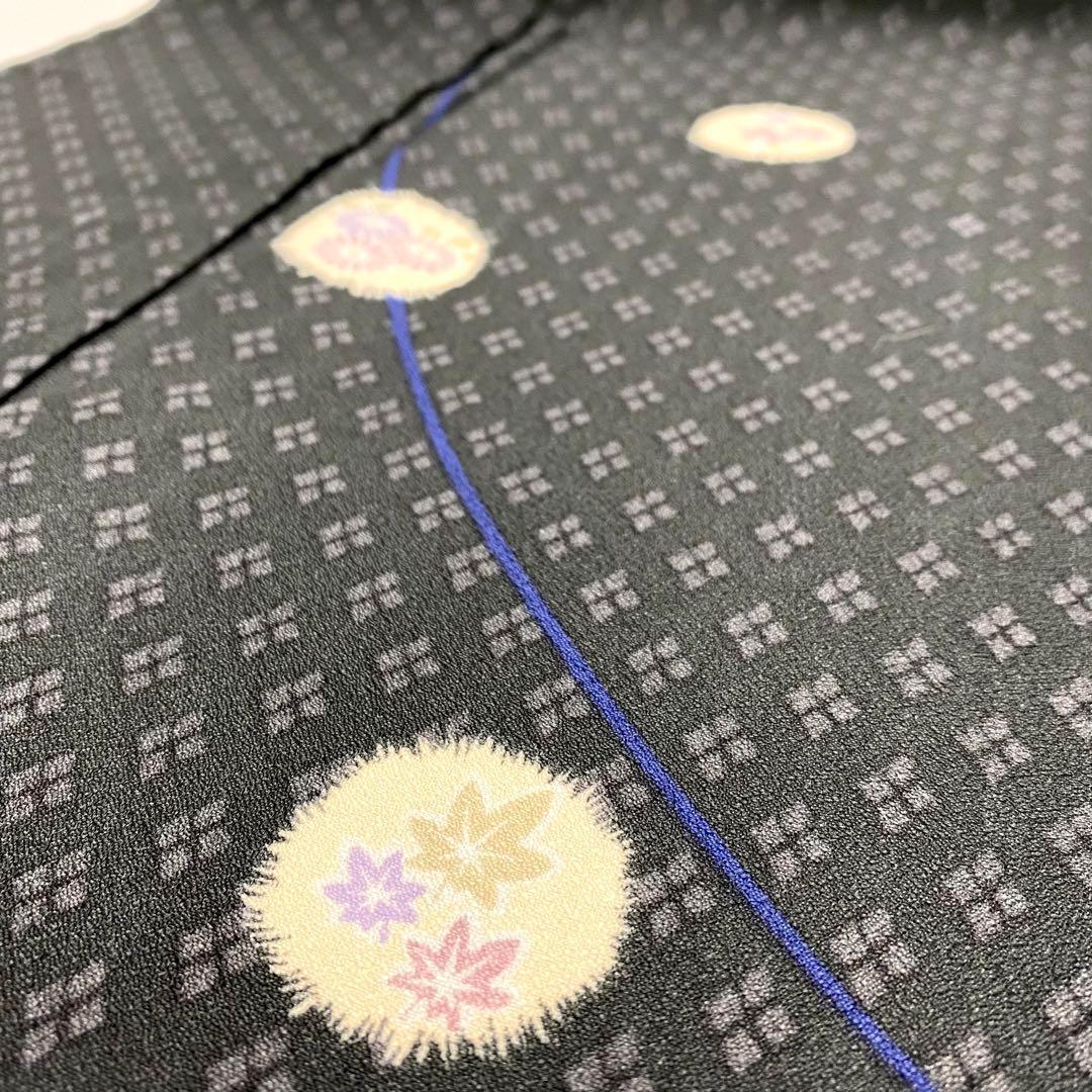 小紋 洗える着物 菱文様 菊 桔梗 楓 黒 NK-940