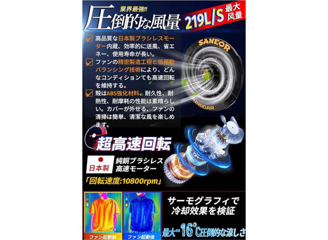 ファンバッテリーセット作業服 25H連続稼動 7段階風量調節 PSEマーク認証