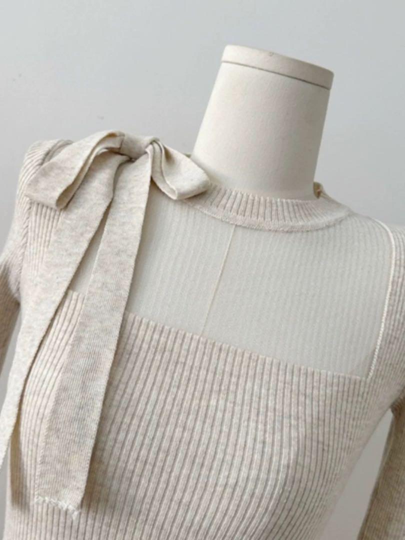 価格改訂 QUNG バスト シアー ボウタイknit 韓国 ベージュ qung QUNG バスト シアー ボウタイニット knit ベージュ 韓国