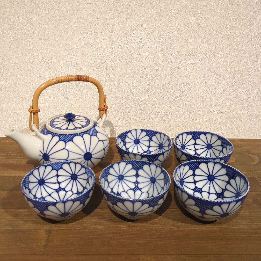 渋草焼 芳國 急須(300ml)と湯呑(100ml)5個セット used 紺