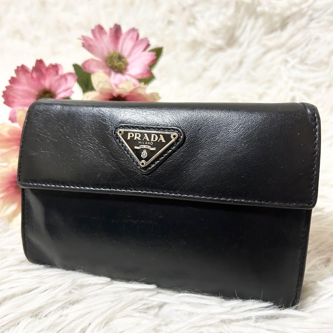 PRADA プラダ 三角 ロゴ プレート 本革 三つ折財布 ウォレット ブラック