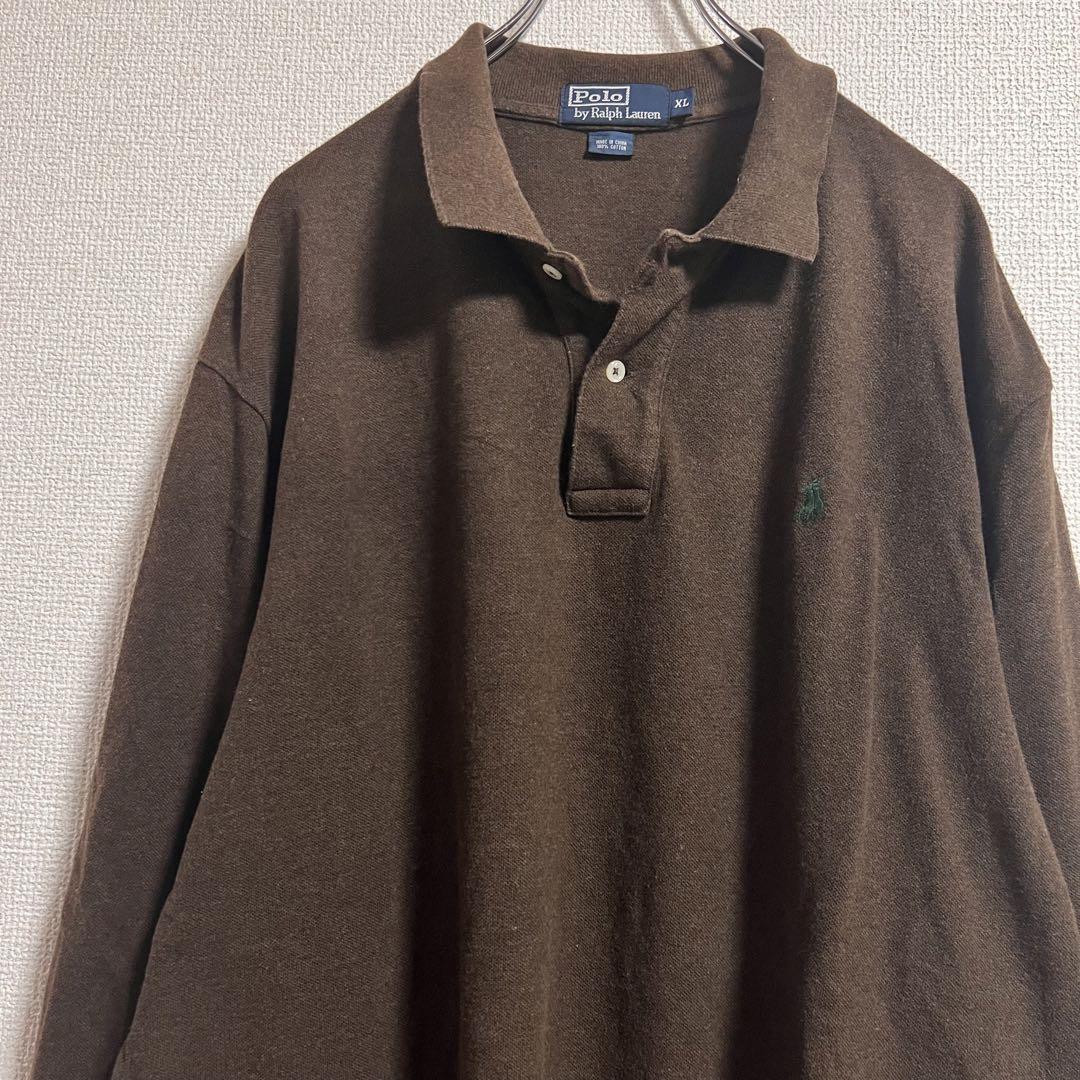POLO RALPH LAUREN 長袖 ポロシャツ 茶色 緑刺繍 XLサイズ