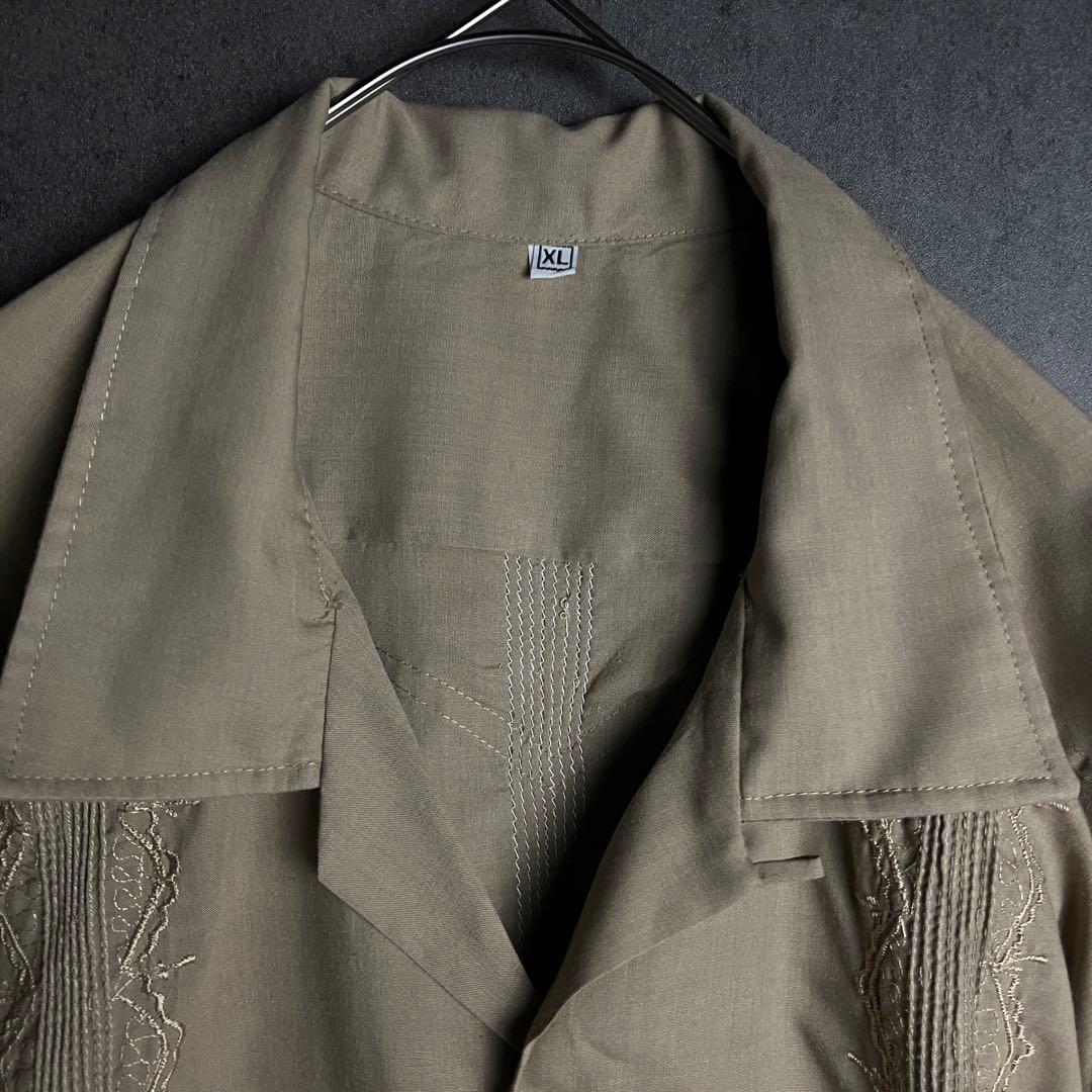 美品✨キューバシャツ 刺繍デザイン 4ポケット 半袖 ゆるダボ ブラウン XL