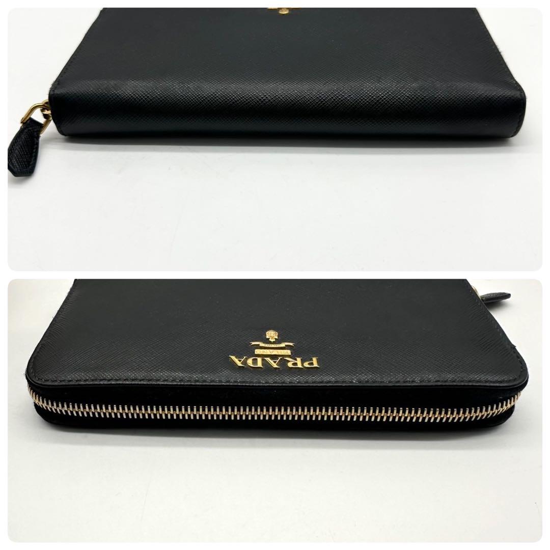 美品 プラダ ラウンドファスナー 長財布 メタル ロゴ 金ロゴ 黒