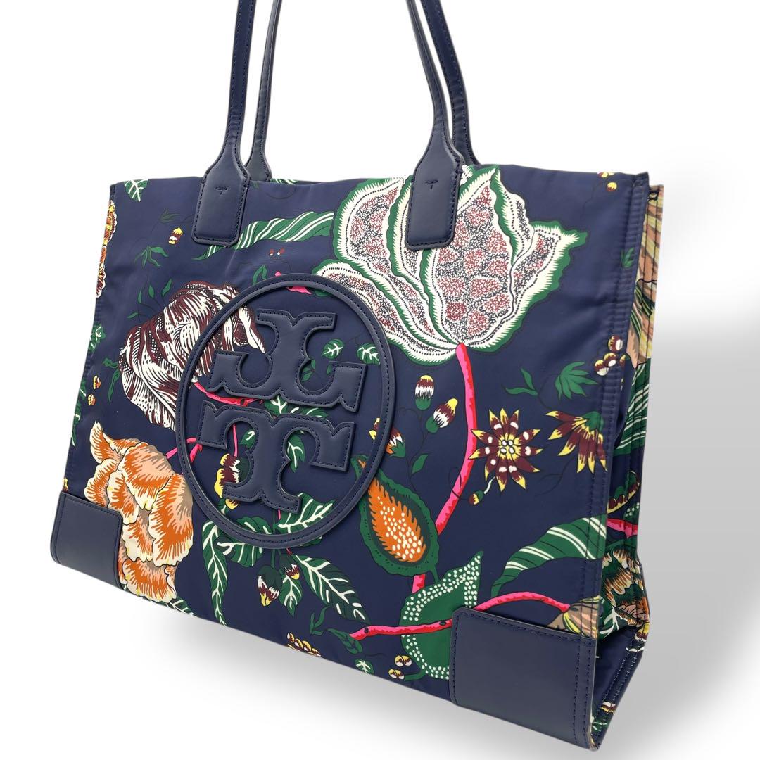 美品 TORY BURCH トートバッグ ナイロン ブルー 花柄 デカロゴ