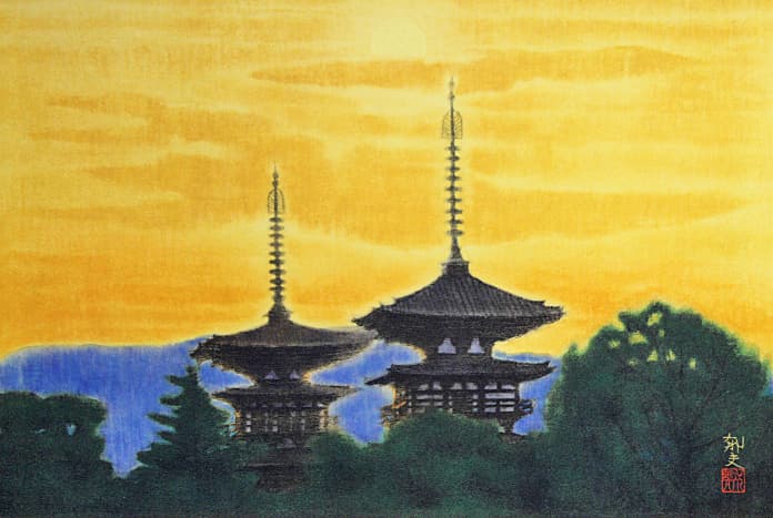 平山郁夫 【西ノ京 夕映薬師寺】 特別復刻巧藝版 1995年 工芸画 証明書有り