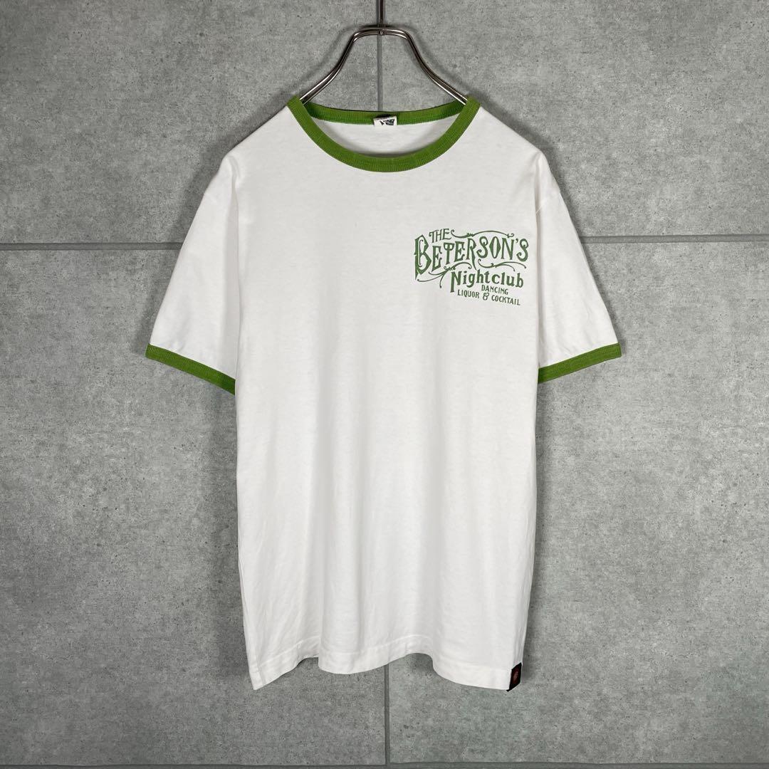 リンガーTシャツ　ナイトクラブ　パーティー　両面プリント　人物　酒　良配色　白