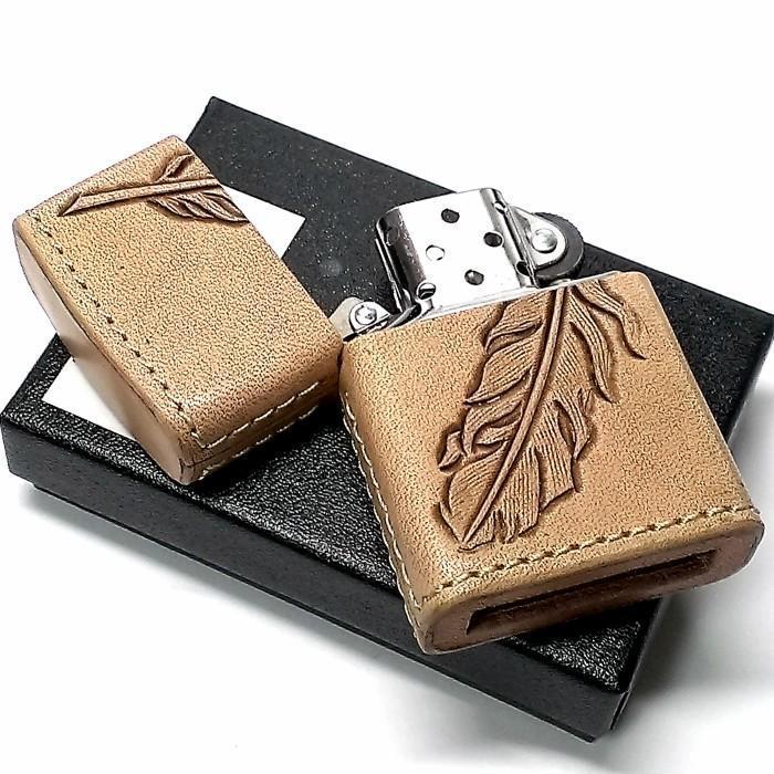 ZIPPO ライター 本革巻き ジッポ カオス フェザー 羽 牛革 ハンドメイド