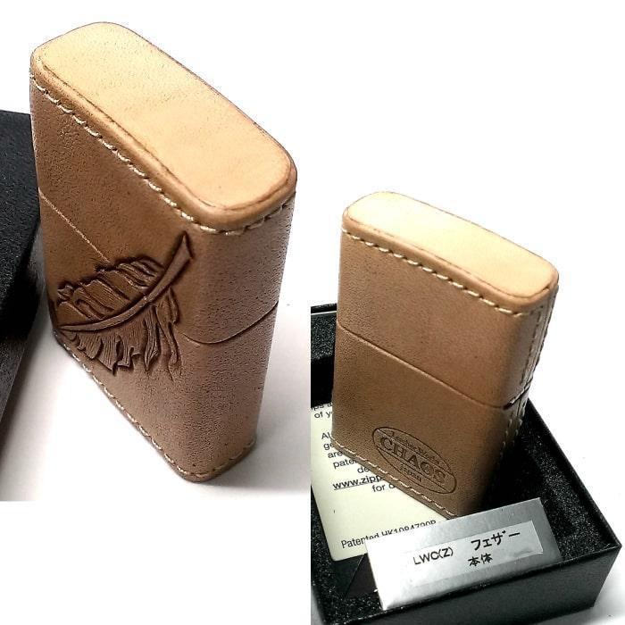 ZIPPO ライター 本革巻き ジッポ カオス フェザー 羽 牛革 ハンドメイド
