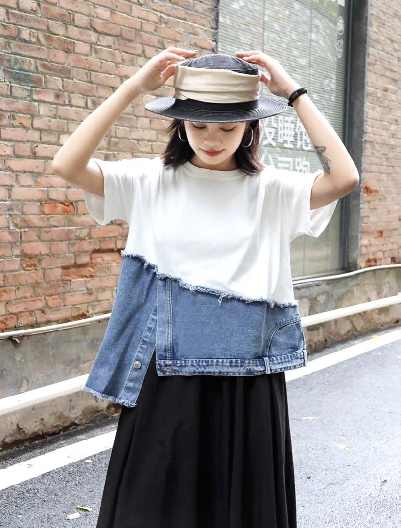 デニムデザイン✨ゆったり　ニッチトップス★お洒落ラウンドネック　薄地