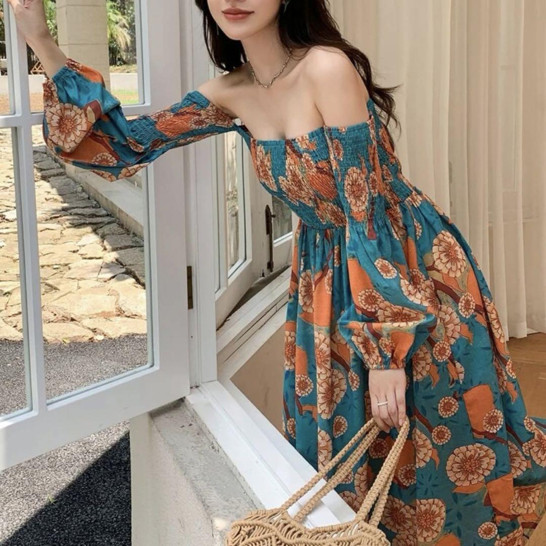 花柄シャーリングオフショル長袖ワンピース ドレス XLサイズ