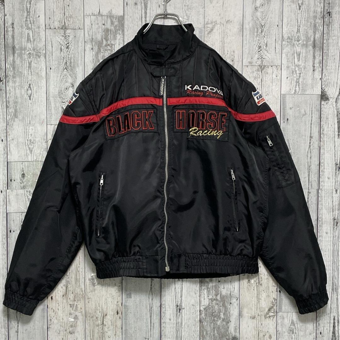 KADOYA ブラックホース レーシングジャケット 刺繡ロゴ ナイロン 黒 XL KADOYA ブラックホース レーシングジャケット ナイロン 刺繡ロゴ
