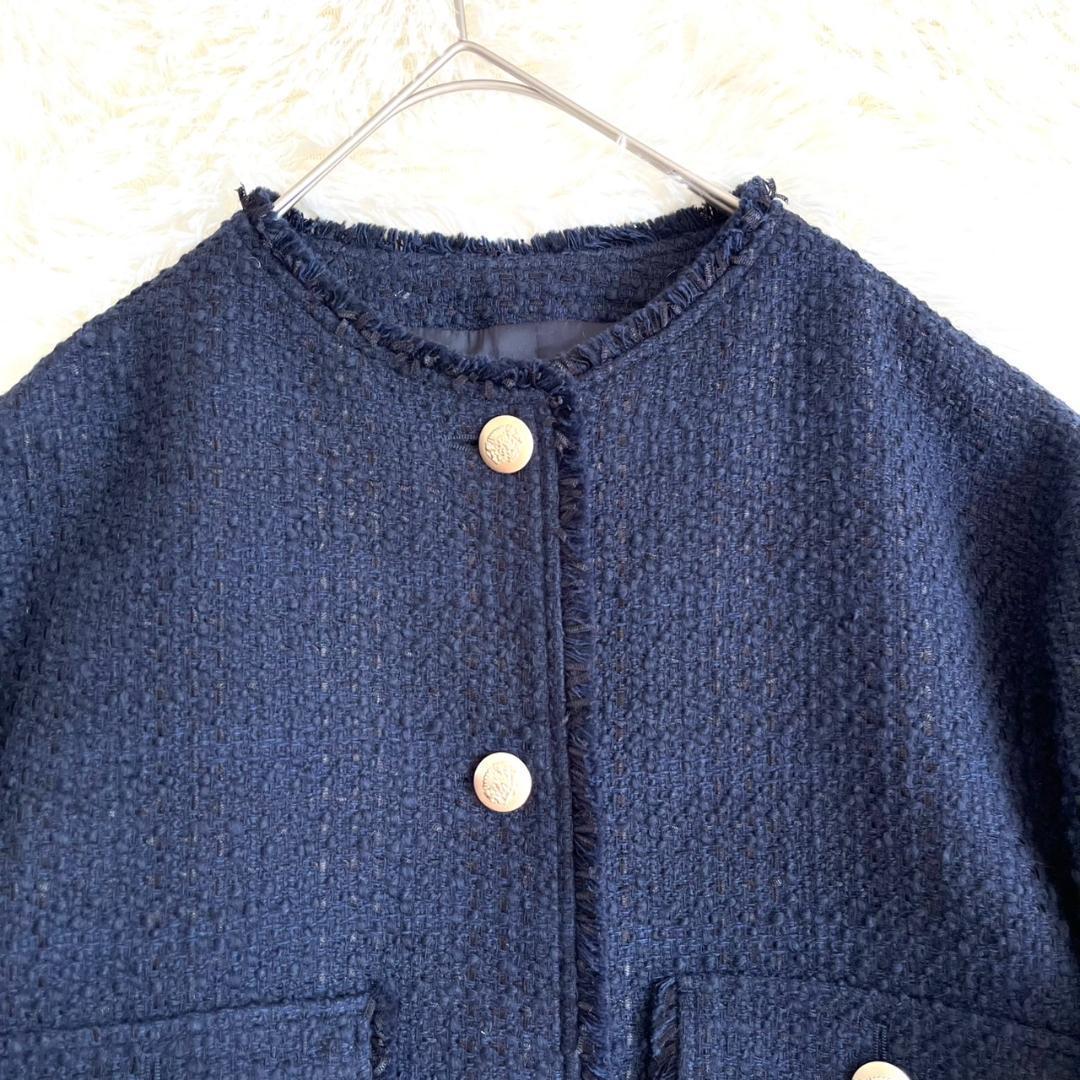美品 23区 GIOLICA ツイードジャケット ノーカラー 濃紺 40 L相当 美品 23区 GIOLICA ツイードジャケット ノーカラー 濃紺 40 L