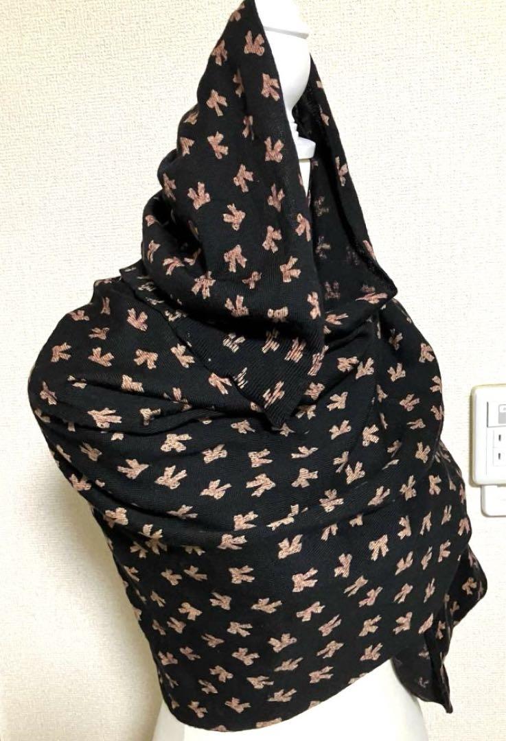 コムコム おリボンちゃんいっぱいKnitストール BLACK &ダークpink❣️