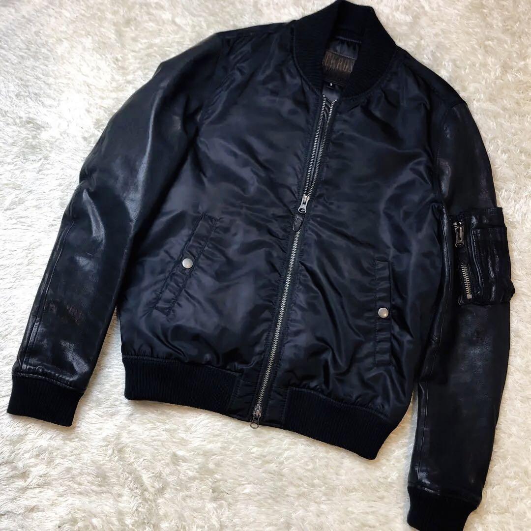 ジャックローズ　袖レザー　MA-1  異素材切替　ブルゾン　ナイロン×山羊革　黒