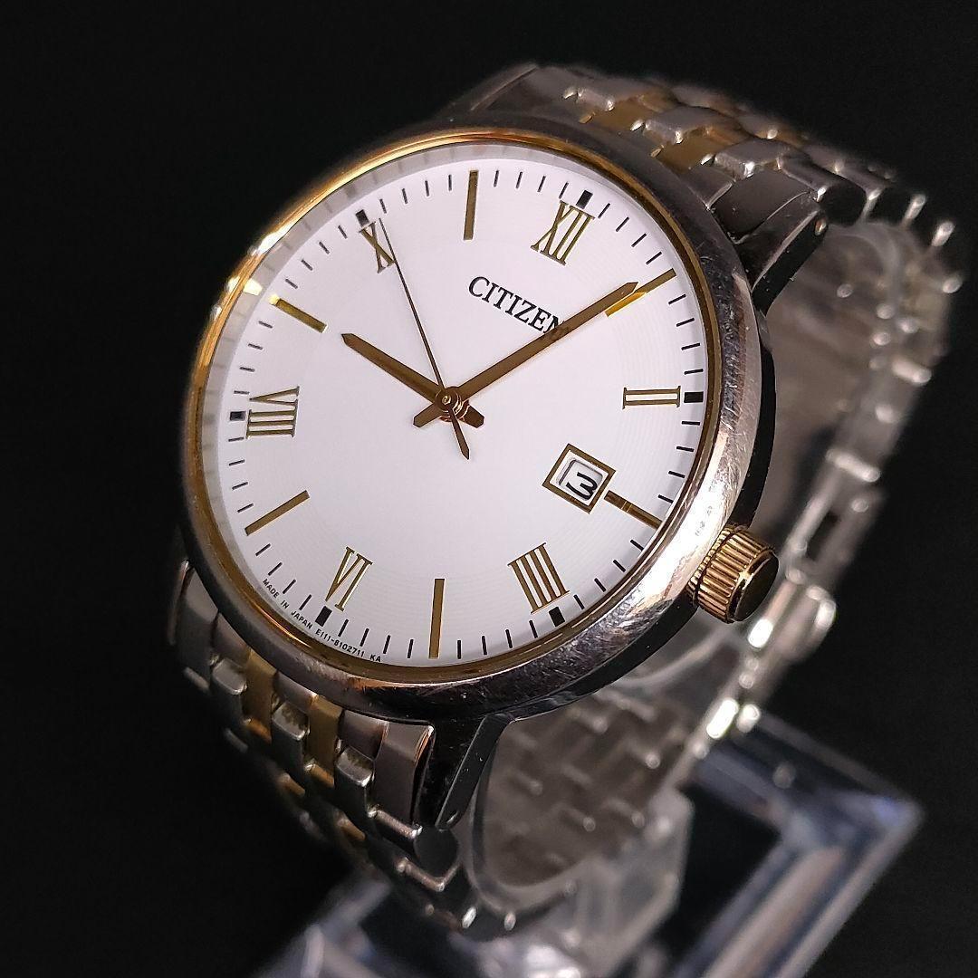 美品 CITIZEN シチズン E111 ホワイト ゴールド ソーラー メンズ