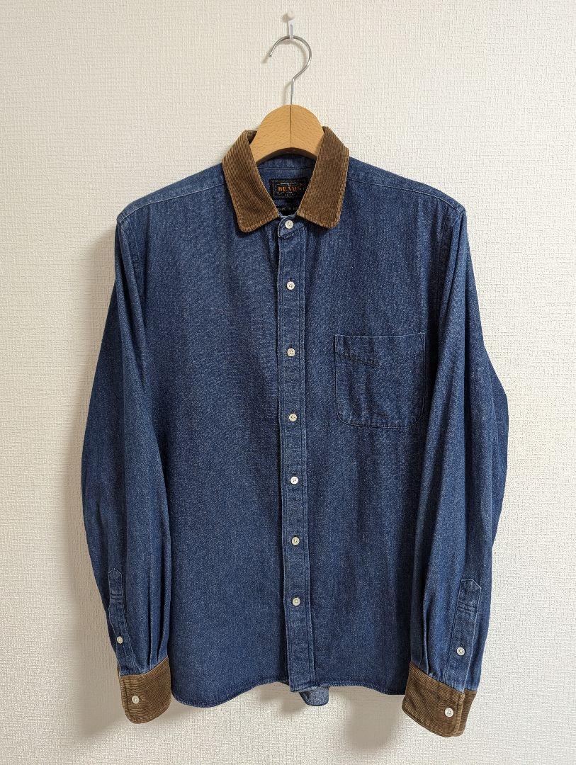 美品　BEAMS PLUS　シャツ　デニム　ラウンドカラー　コーデュロイ襟　M
