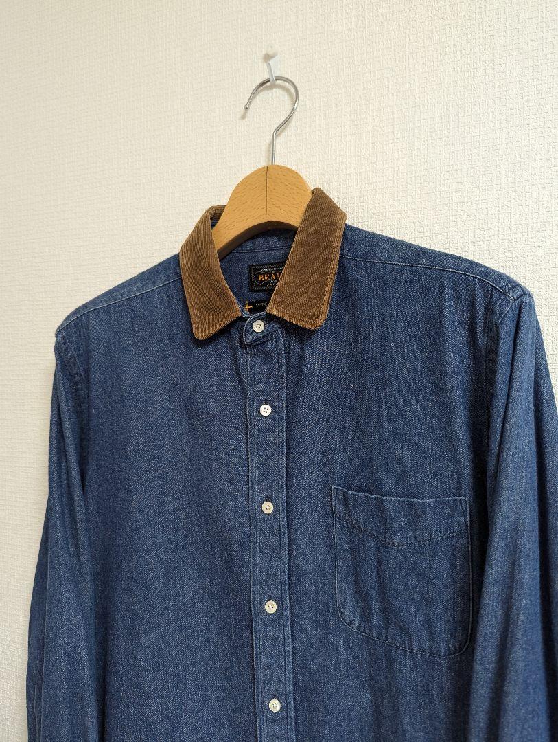 美品　BEAMS PLUS　シャツ　デニム　ラウンドカラー　コーデュロイ襟　M