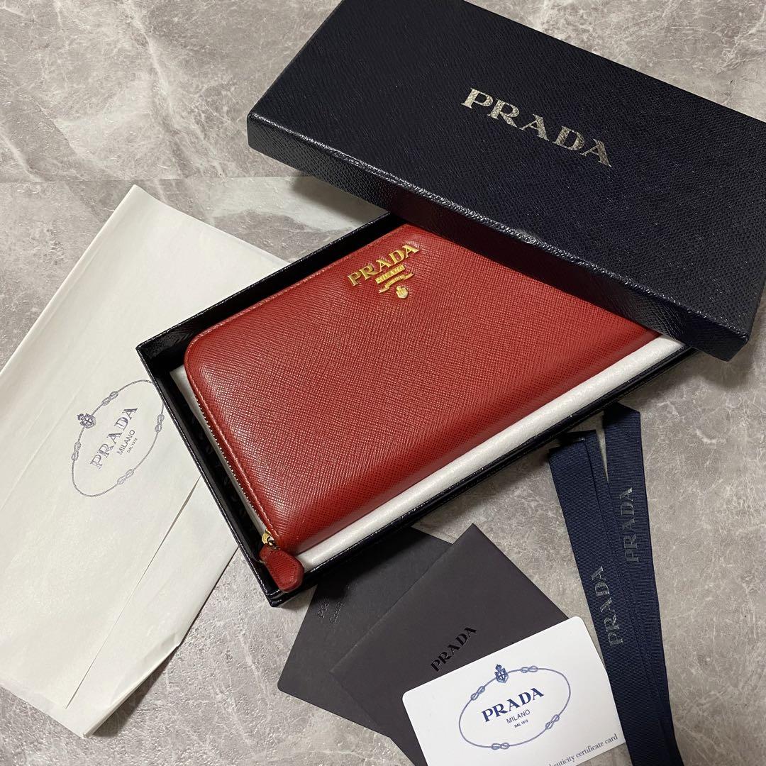 極美品/付属品完備【PRADA】サフィアーノレザー 牛革型押し 長財布 レッド 画像1