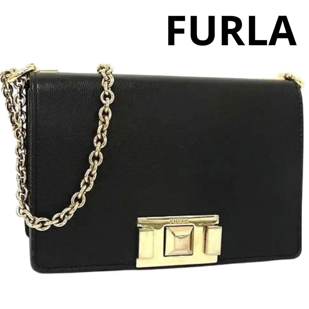 美品 FURLA クロスボディ ショルダーバッグ 金具 金チェーン 黒 レザー
