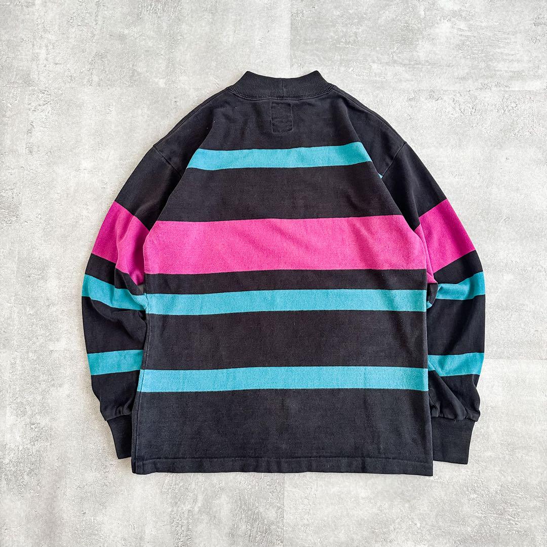 90's USA製 モックネック ボーダー柄 ラガーシャツ ロンT 長袖Tシャツ