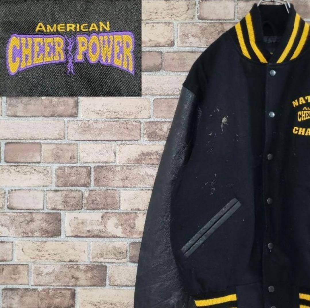 CHEER POWER　ウールスタジャン　袖レザー　バックロゴ　黒×黄色