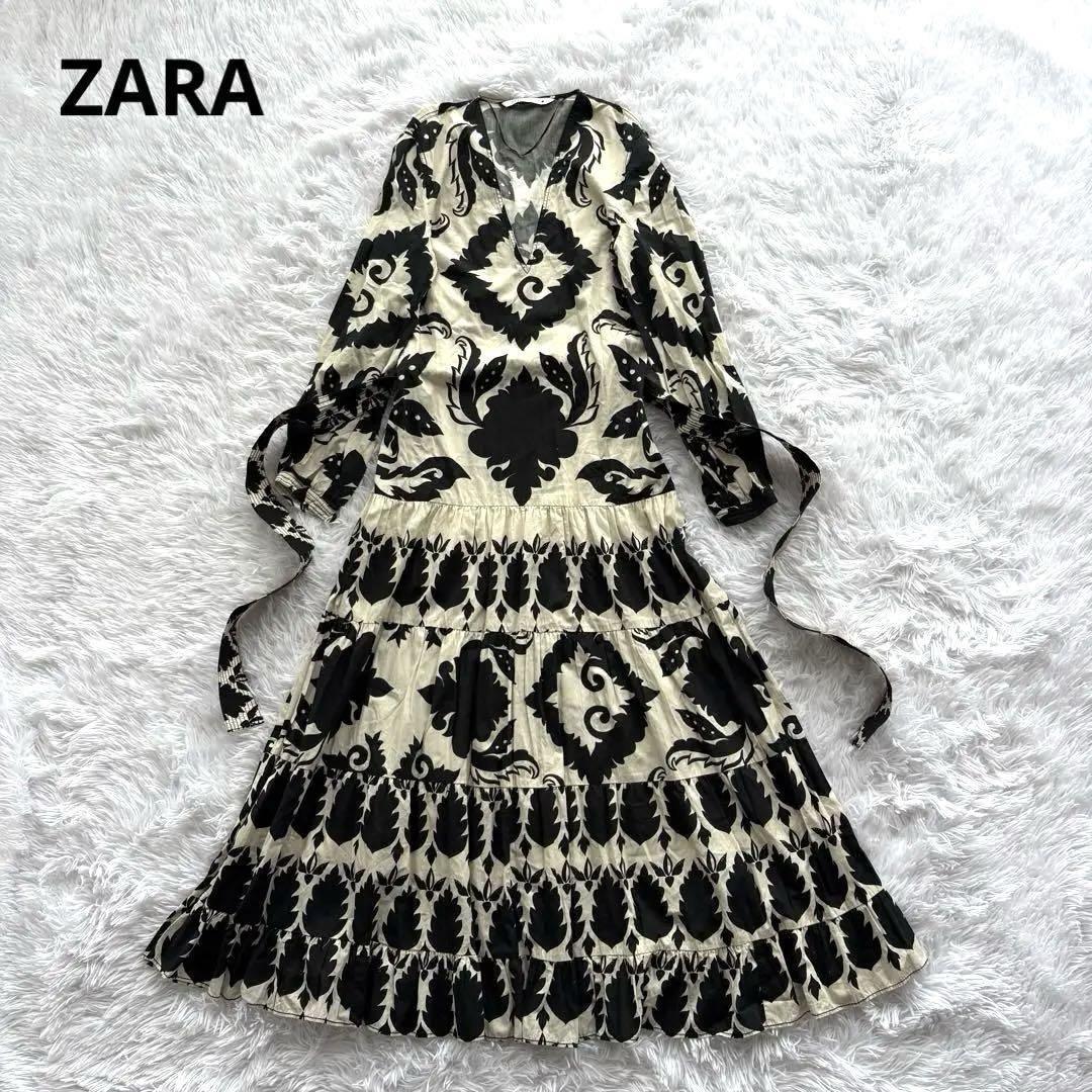 ル 年末のプロモーション ZARA ワンピース ティアード Aライン 総柄 白 黒 パーティー ワンピース
