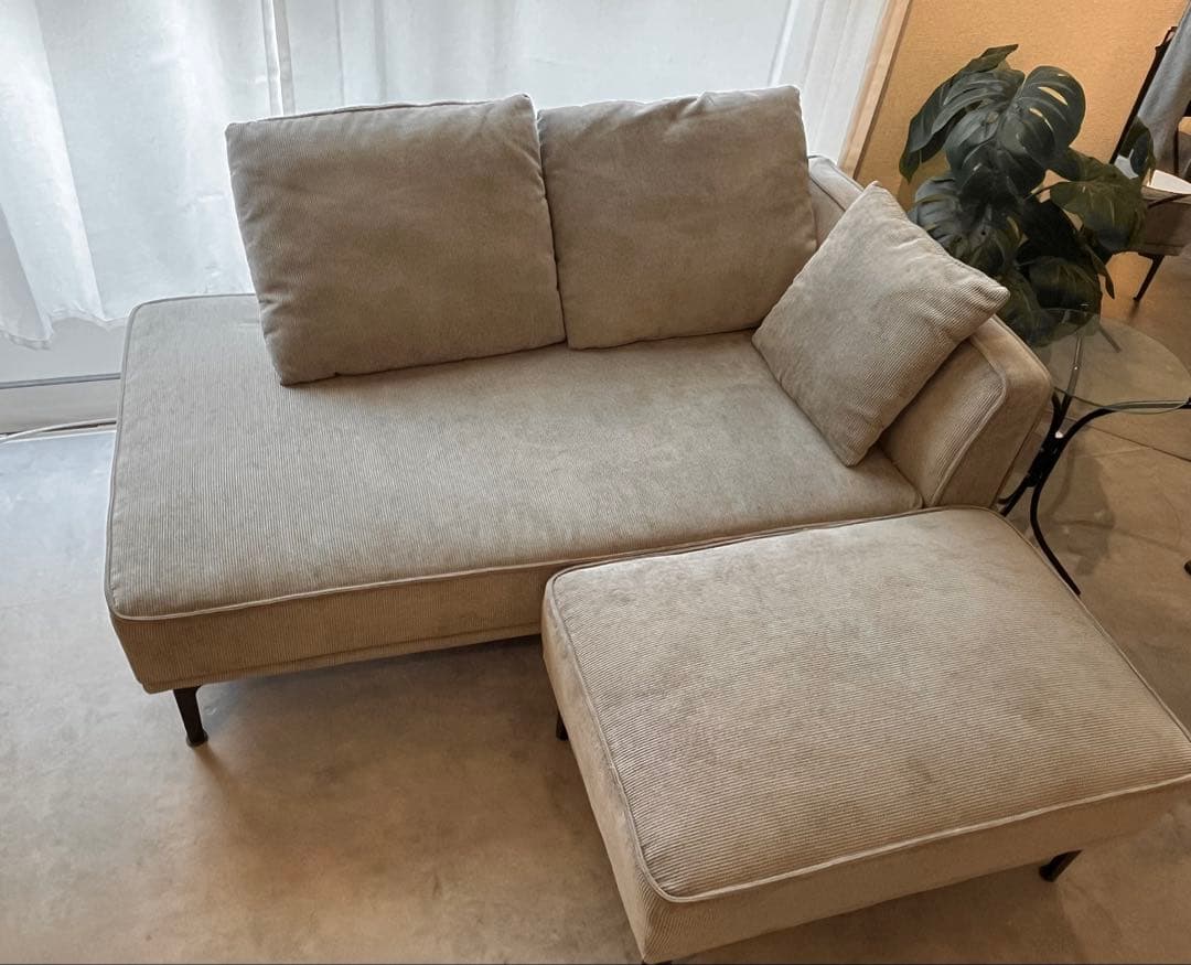 モダン コーデュロイ カウチソファ +オットマン (グレー