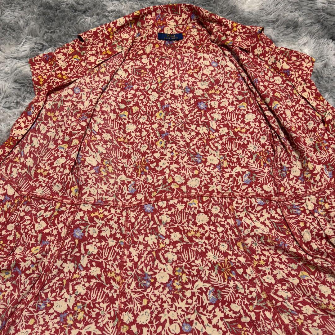 ラルフローレン 花柄 レッド シャツワンピース フレア 半袖 Aライン