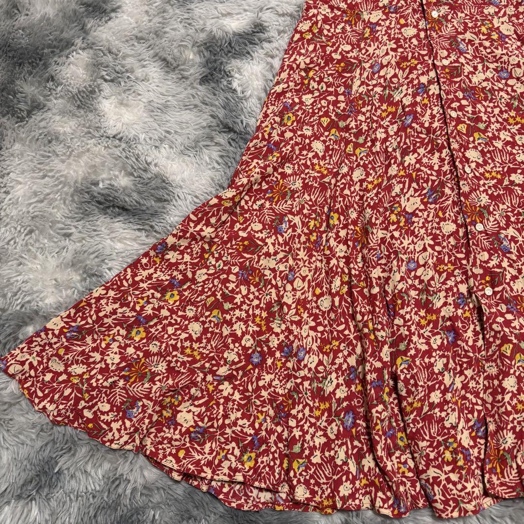 ラルフローレン 花柄 レッド シャツワンピース フレア 半袖 Aライン