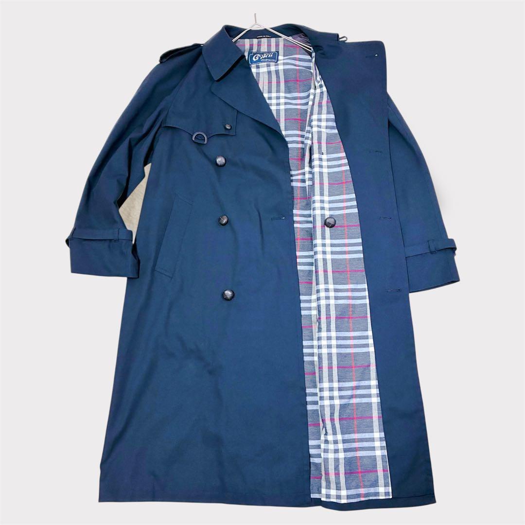 メンズ トレンチコート ロング丈 Aライン チェック柄 エポーレット ネイビーL