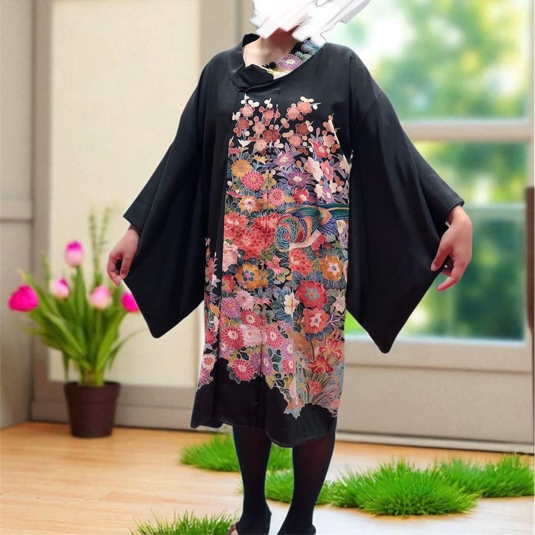 着物リメイク ワンピース 黒留袖 花柄 襟付き ゆったり 大きいサイズ 作家物
