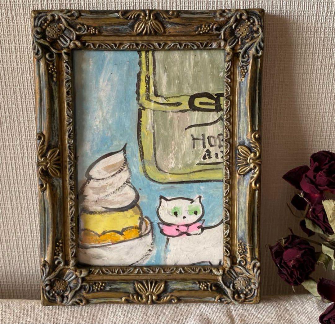 絵画。原画【おいしいアイスクリーム屋のかわいい白猫ちゃん