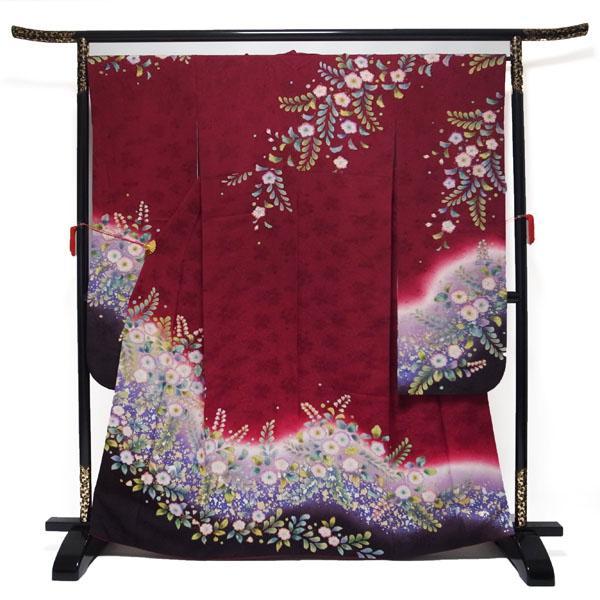 振袖 濃赤 金銀彩加工 地紋 辻が花 絞り 手染め 裄67 L 中古 sn734