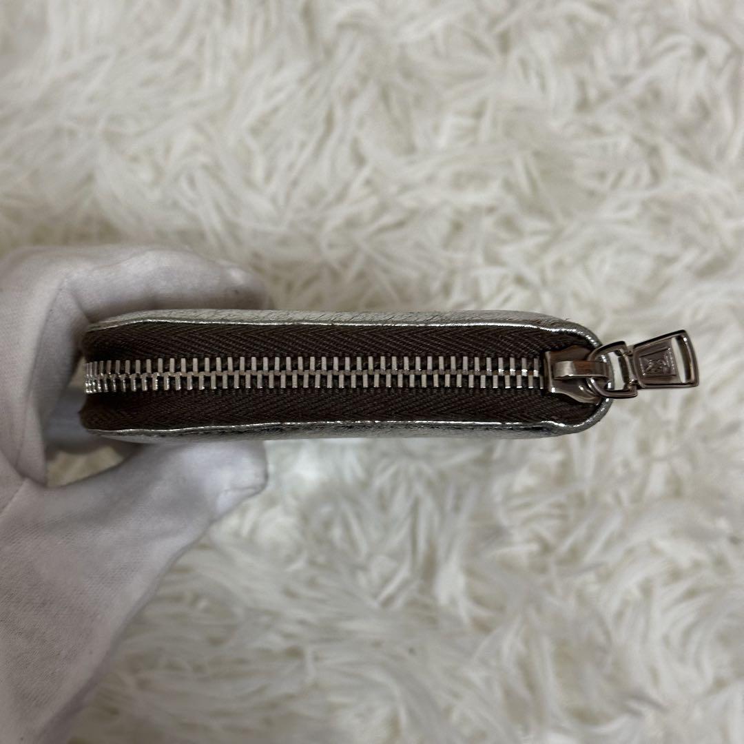 サンローラン ラウンドジップ 長財布 ロゴ 光沢 レザー シルバー