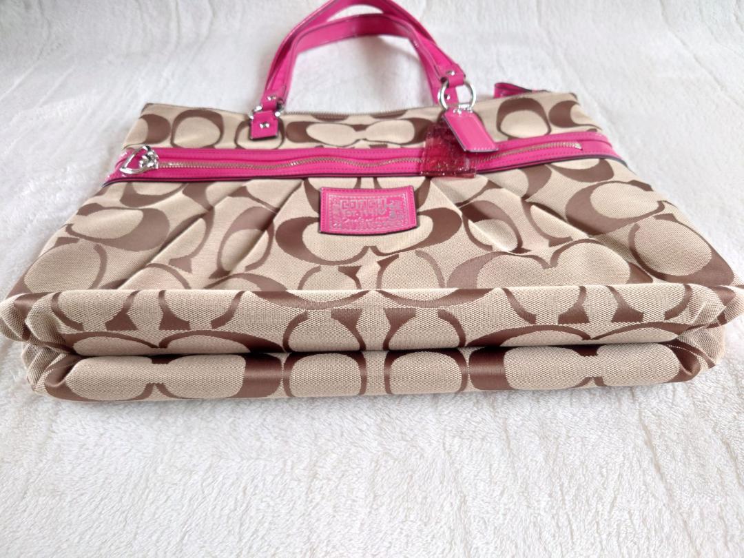 美品 COACH トートバッグ シグネチャー ベージュ×ピンク F22947