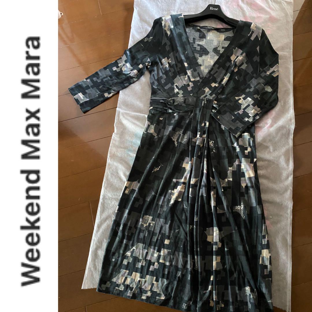 セール！美品マックスマーラ総柄シルク混膝丈カシュクールワンピース
