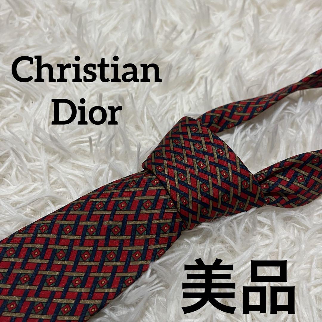 美品 Christian Dior MONSIEUR 総柄シルクタイ 赤紺8cm