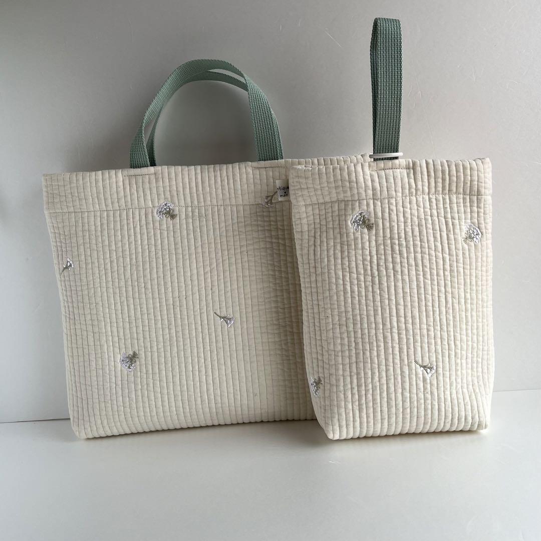 ヌビキルト♡刺繍かすみ草/オフホワイト　入園入学3点セット　ハンドメイド　ヌビ